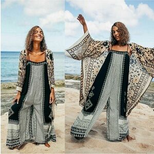 Free People Hazel Jumpsuit Mixed Print Wide Leg Oversized Size XS